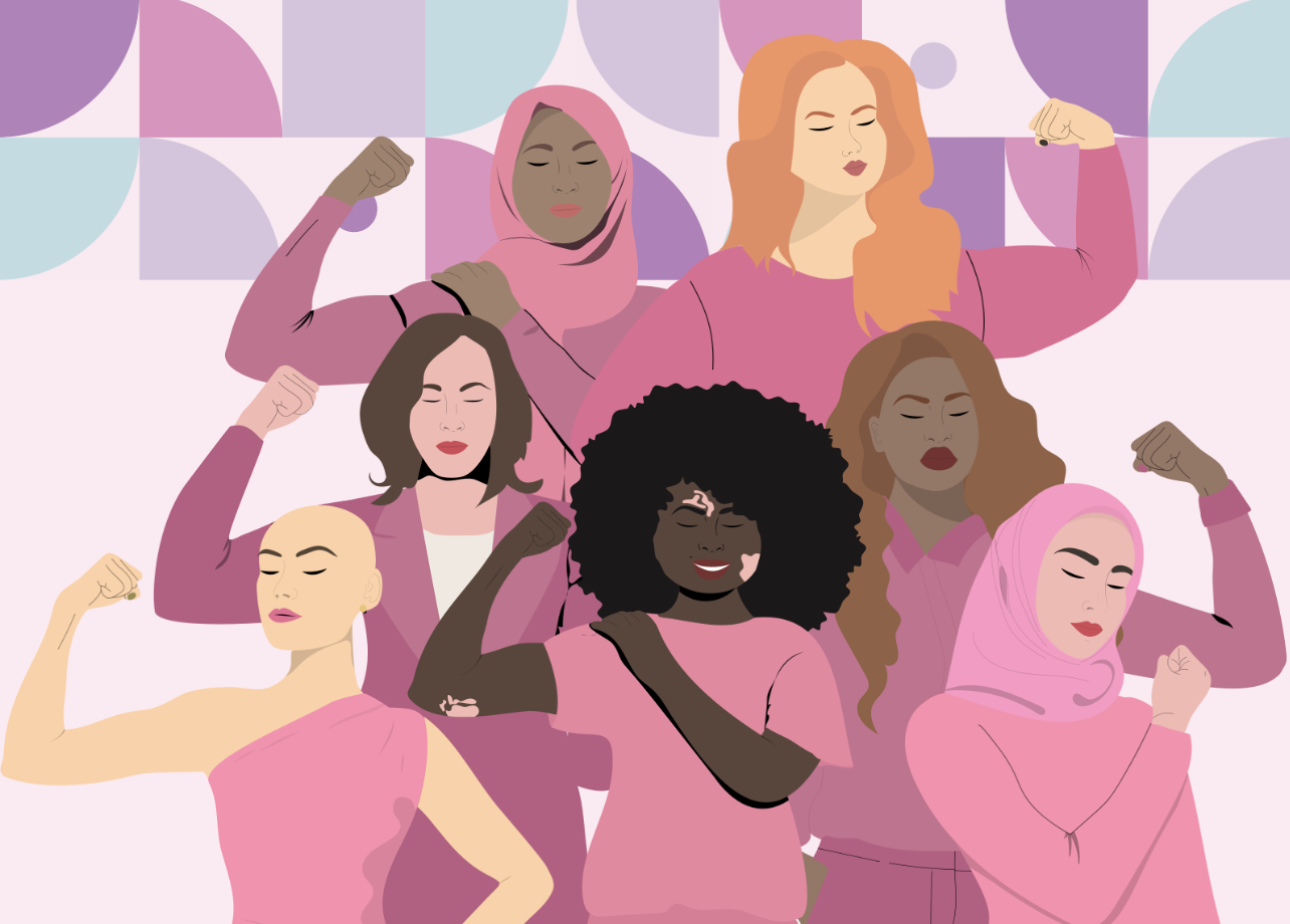 A group of people of various races and ethnicities and body types with fists in the air on a pink patterned background.